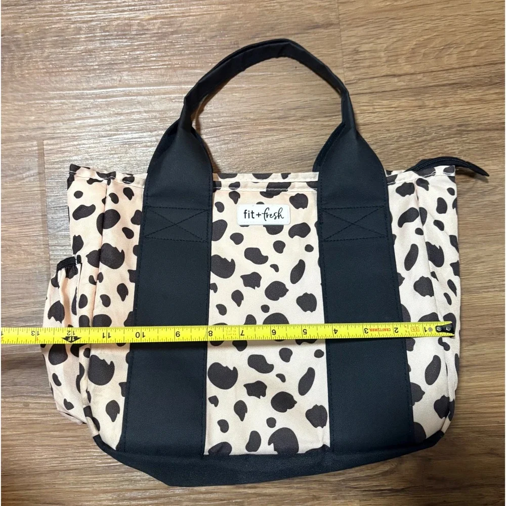 Fit + Fresh Insulated Lunch Tote Bag Leopard Print Black White Zippered Travel